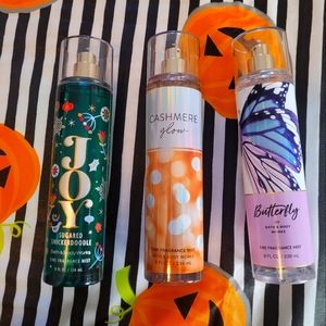 Bath & Body works sprays:Joy sugared snickerdoodle, cashmere glow, and butterfly